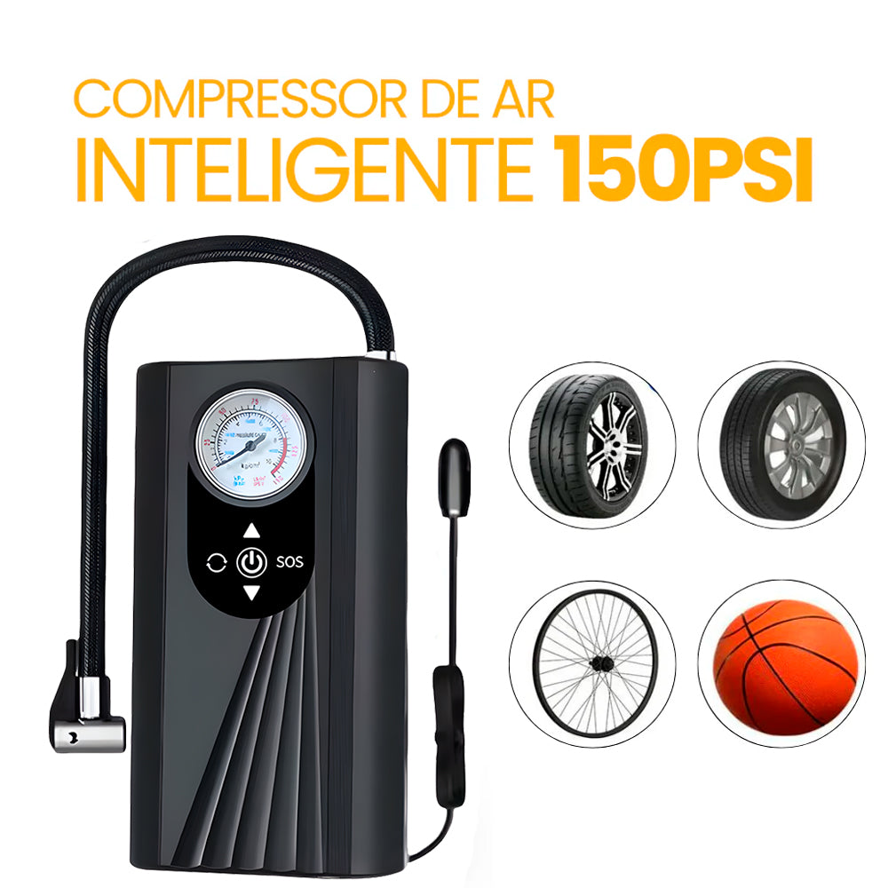 Mini Compressor de Ar, Automotivo, Portátil, Para Moto, Bicicleta, Carro, 150PSI, 4.7V, Preto
